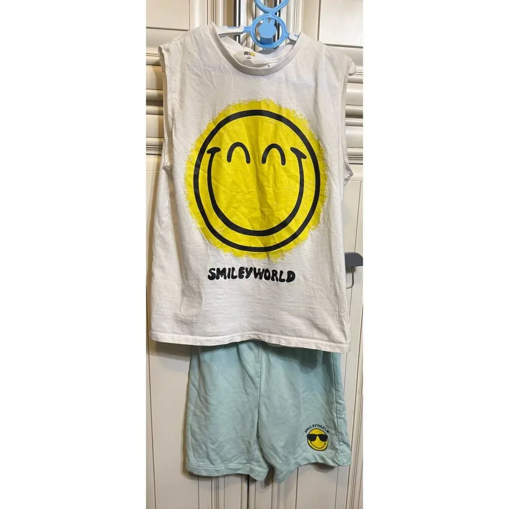 H&M Girls Smiley World Sleeveless Top and Short Outfit Sets White Green Size 6-7
